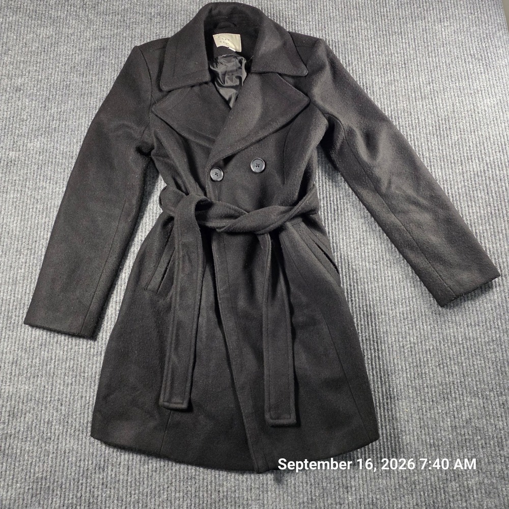 A New Day Womens Black Wool Blend Belted Wrap Coat XS Double Breasted Trench